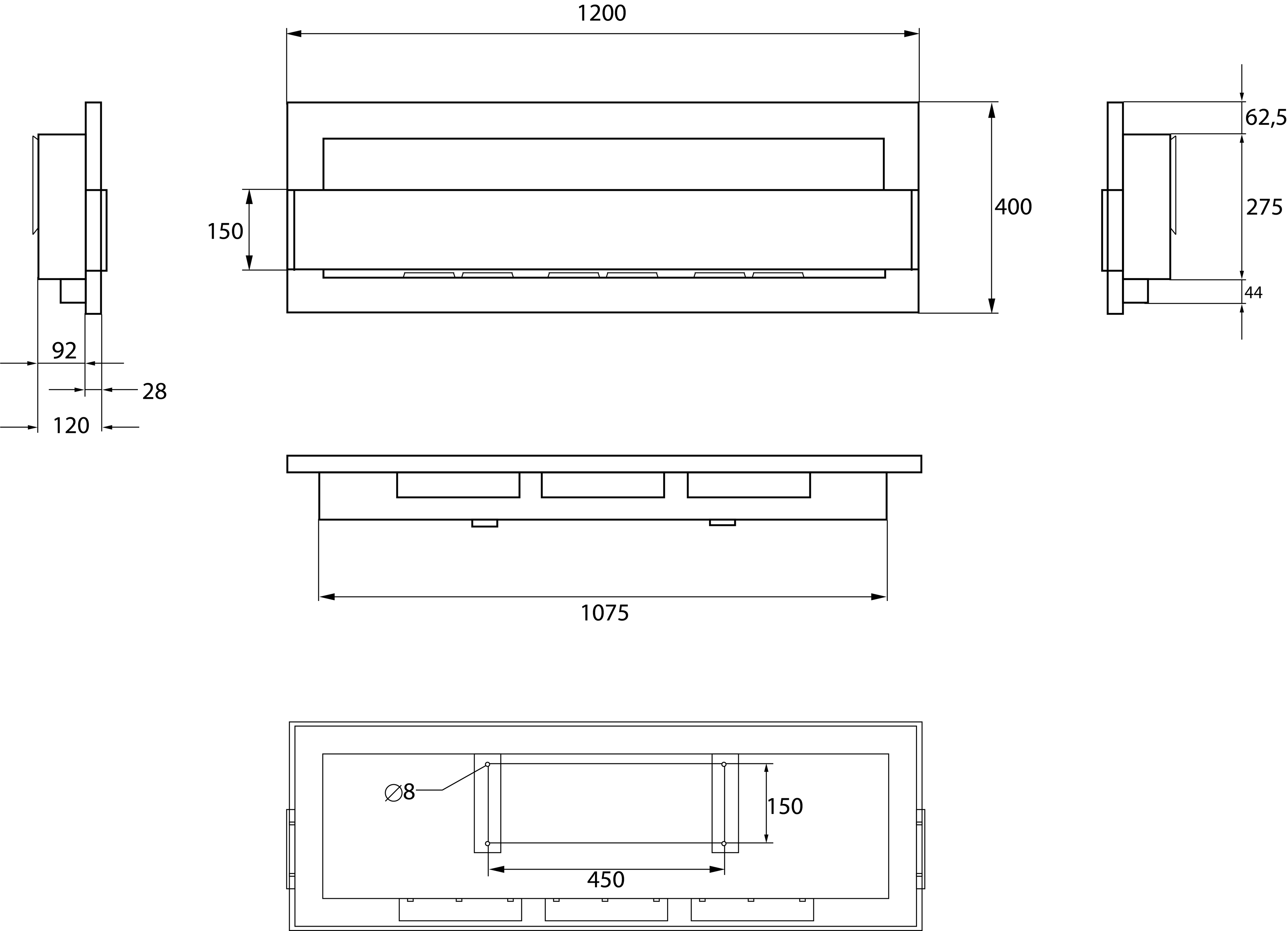 Campo24 Ethanolkamin Wandkamin 1200×400mm Schwarz hochglanz Kamin mit Sicherheitsglas im modern Design
