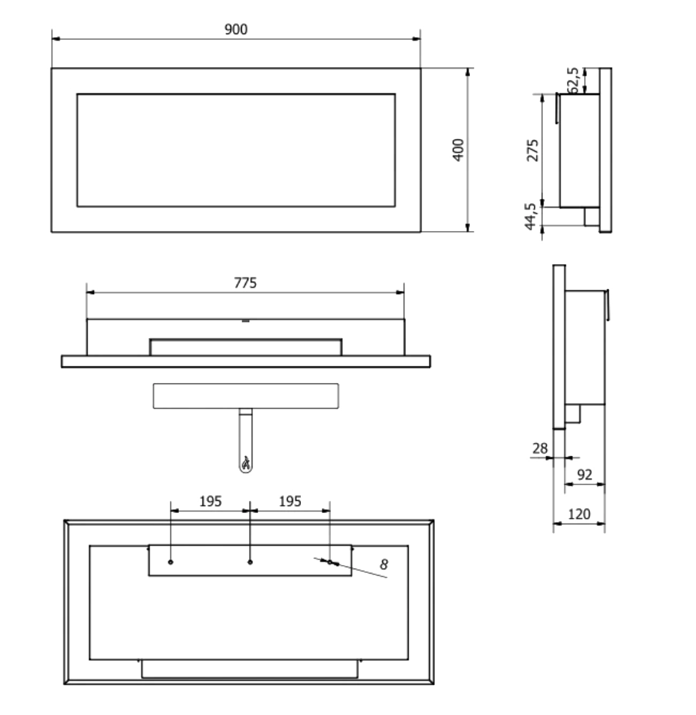 Campo24 - Gel and wall ethanol fireplace, black high gloss, 90 cm