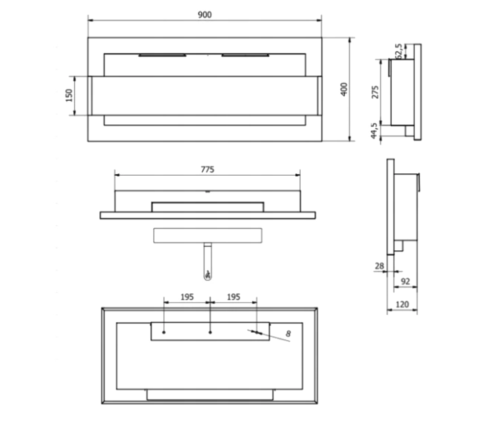 Campo24 - Gel &amp; Wall Ethanol Fireplace with Safety Glass - Gel Fireplace Ethanol Fireplace - Black High Gloss - 90cm