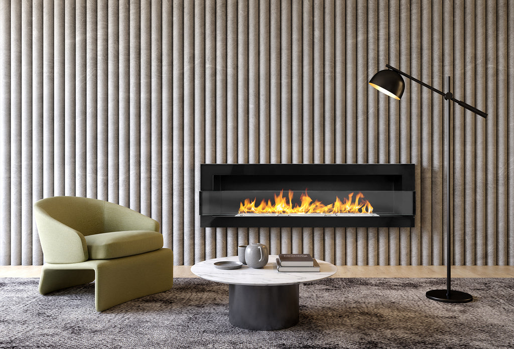 Campo24 Ethanolkamin Wandkamin 1200×400mm Schwarz hochglanz Kamin mit Sicherheitsglas im modern Design