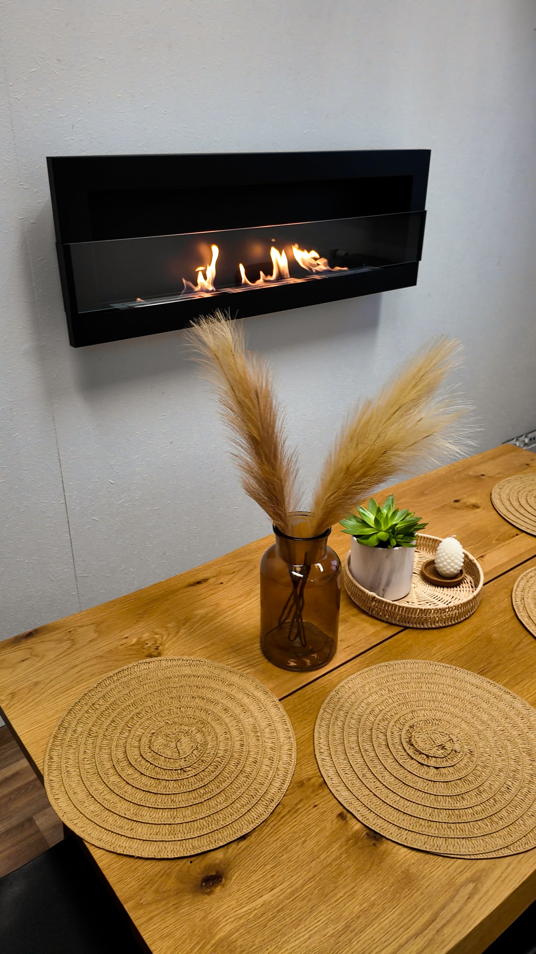 Campo24 Ethanolkamin Wandkamin 1200×400mm Schwarz matt Kamin mit Sicherheitsglas im modern Design