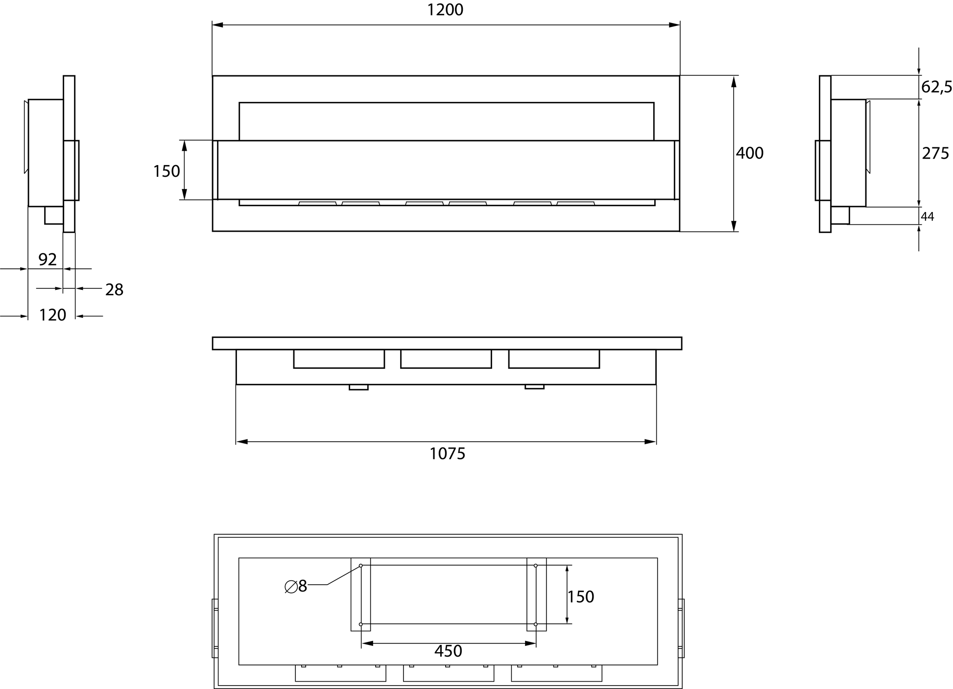 Campo24 Ethanolkamin Wandkamin 1200×400mm Schwarz matt Kamin mit Sicherheitsglas im modern Design