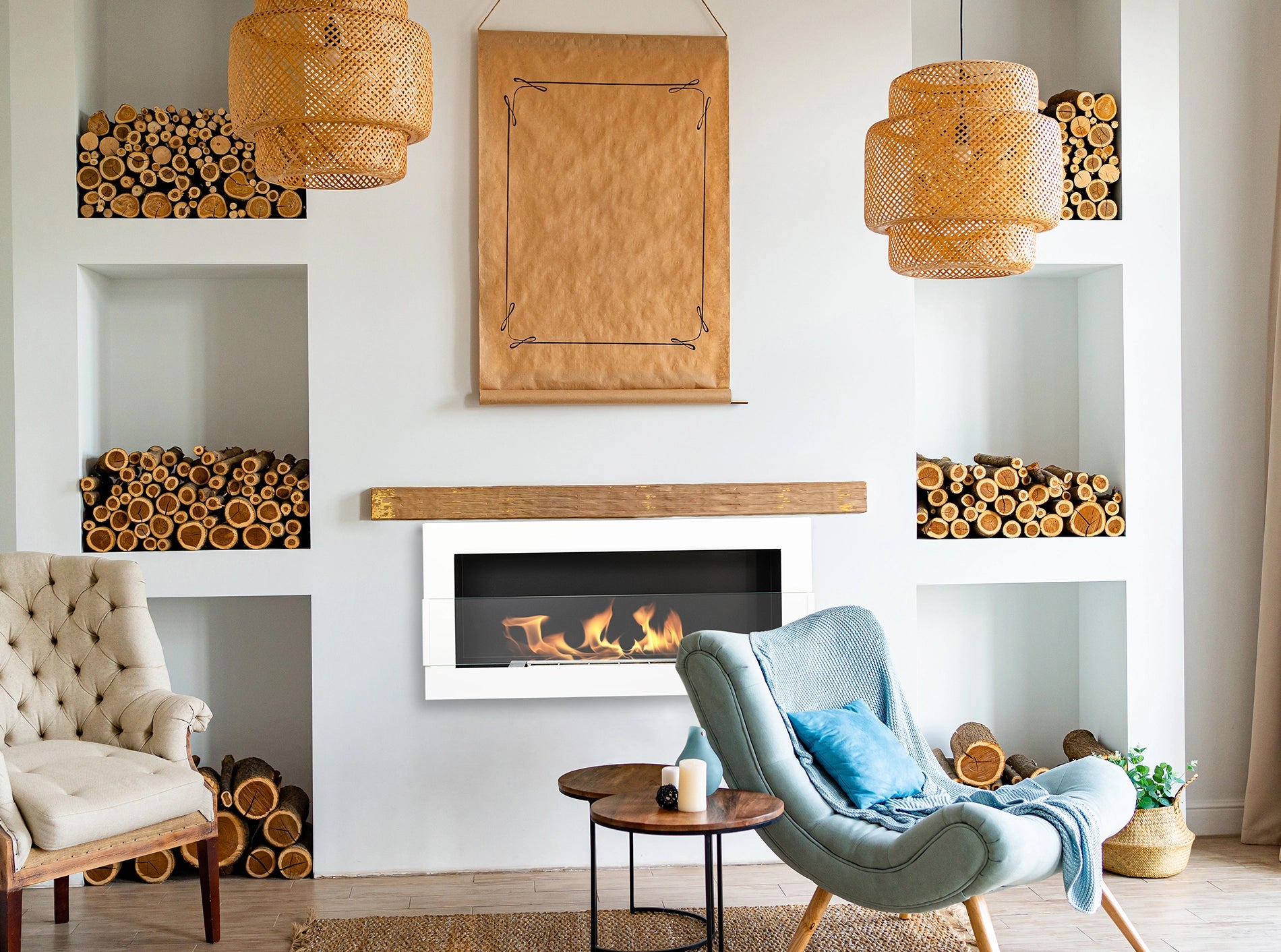 Campo24 - Gel &amp; Wall Ethanol Fireplace with Safety Glass - Gel Fireplace Ethanol Fireplace - White High Gloss - 90cm