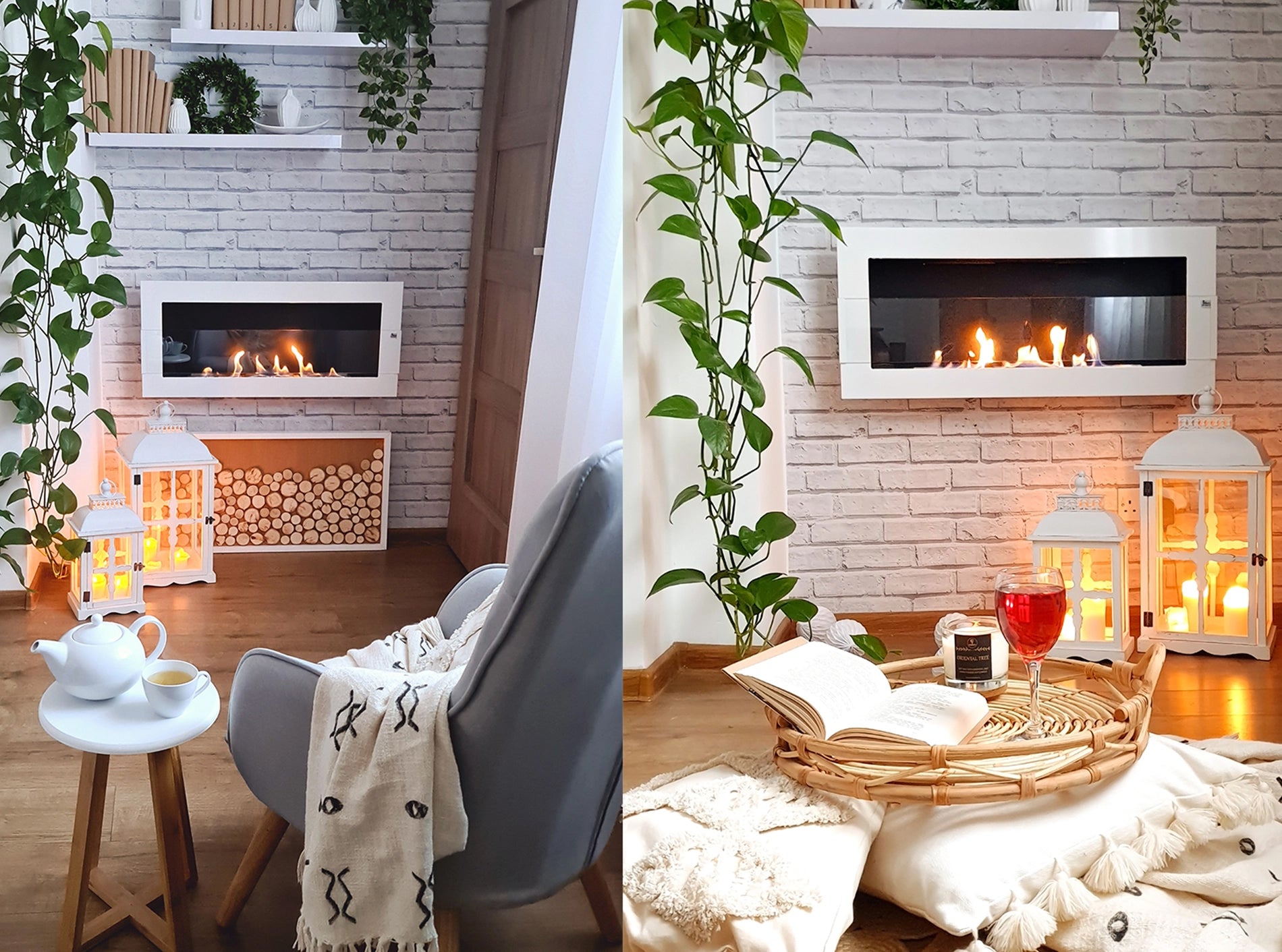 Campo24 - Gel &amp; Wall Ethanol Fireplace with Safety Glass - Gel Fireplace Ethanol Fireplace - White High Gloss - 90cm