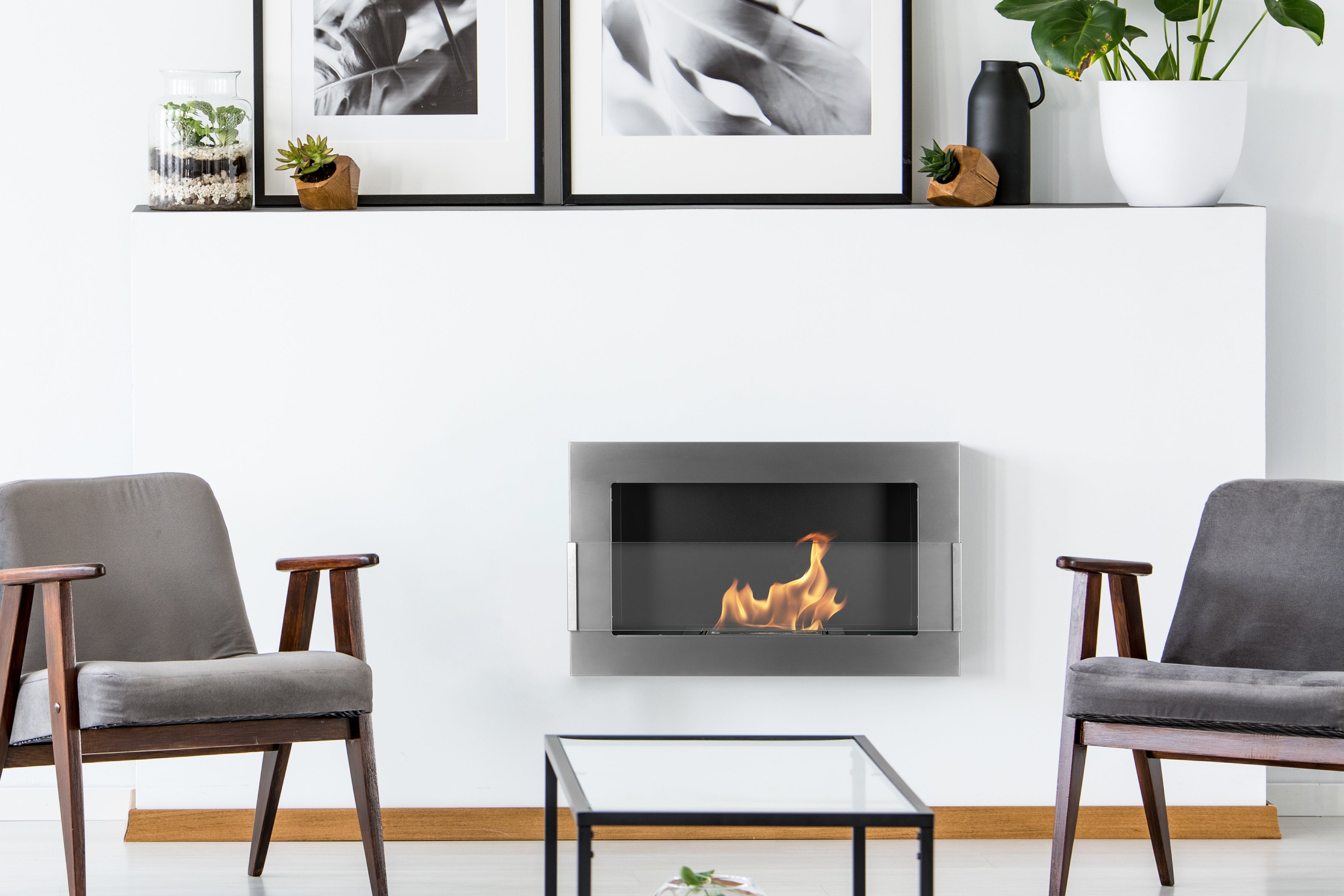 Campo24 gel and wall ethanol fireplace with safety glass, stainless steel, 65cm